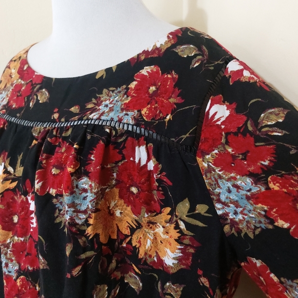 Time and Tru Large 12-14 Womens Rust Orange Black Boho Floral Long Sleeve Blouse - Picture 3 of 8